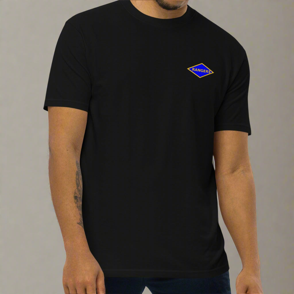 Black t-shirt with world war 2 blue ranger diamond on left chest
