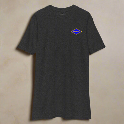 Charcoal t-shirt with world war 2 blue ranger diamond on left chest