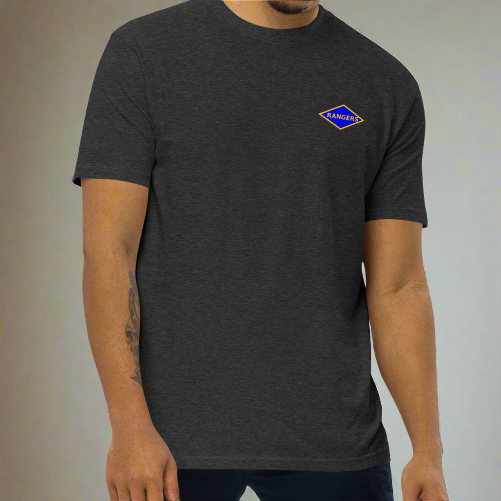Charcoal t-shirt with world war 2 blue ranger diamond on left chest