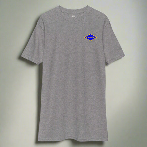 Grey t-shirt with world war 2 blue ranger diamond on left chest