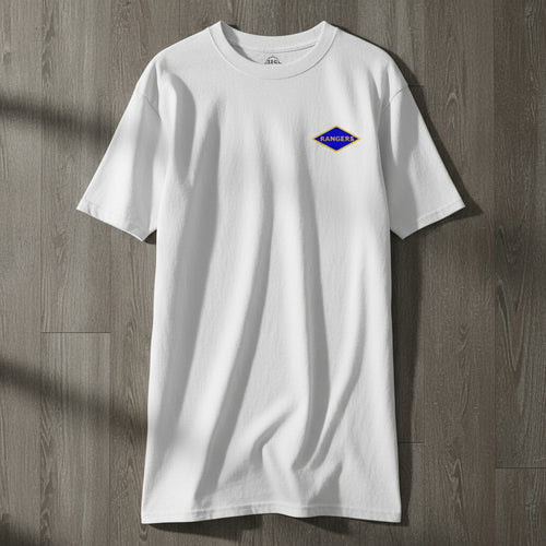 White t-shirt with world war 2 blue ranger diamond on left chest