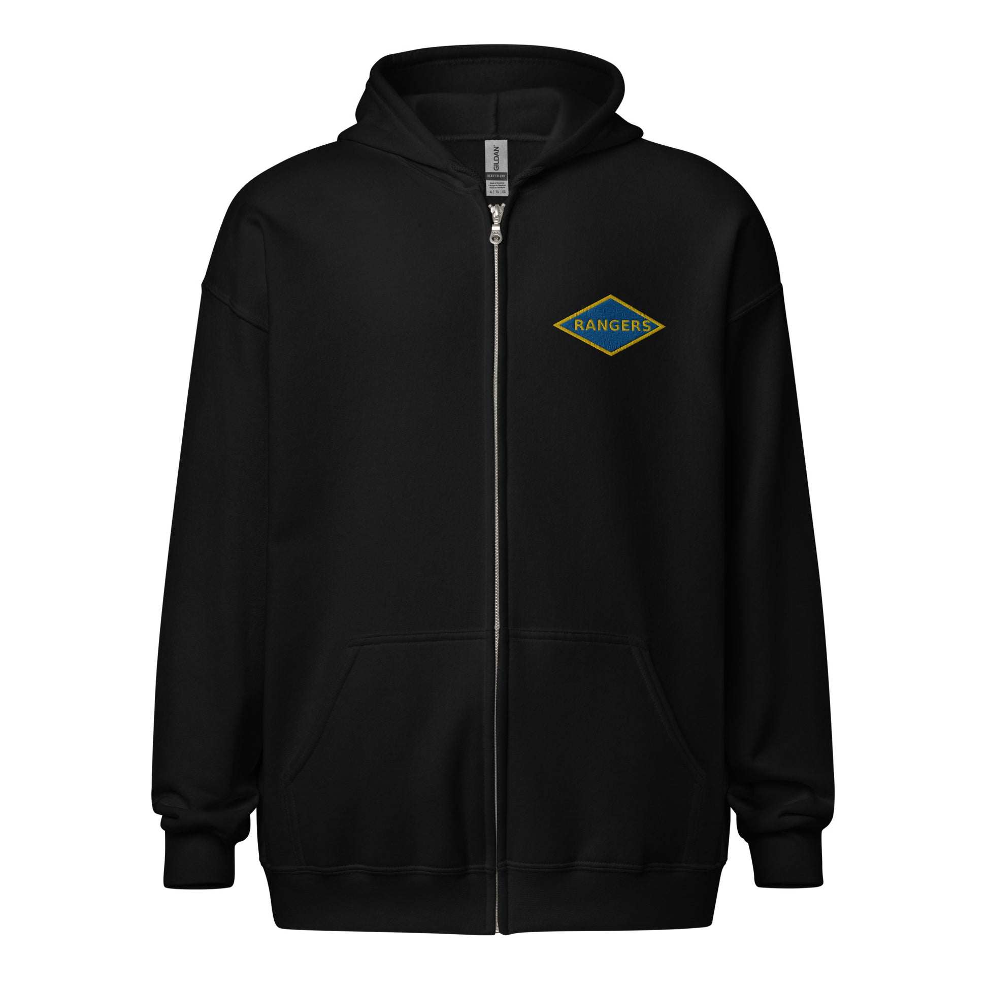 embroidered world war 2 blue ranger diamond on the left chest of a full zip hoodie.