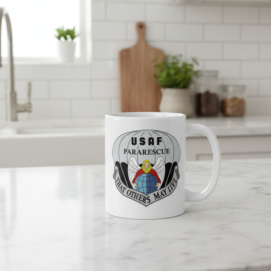 11oz white coffee mug with air force pararescue insignia 