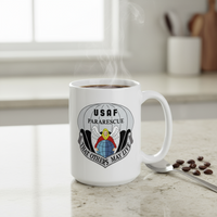 15oz white coffee mug with air force pararescue insignia 