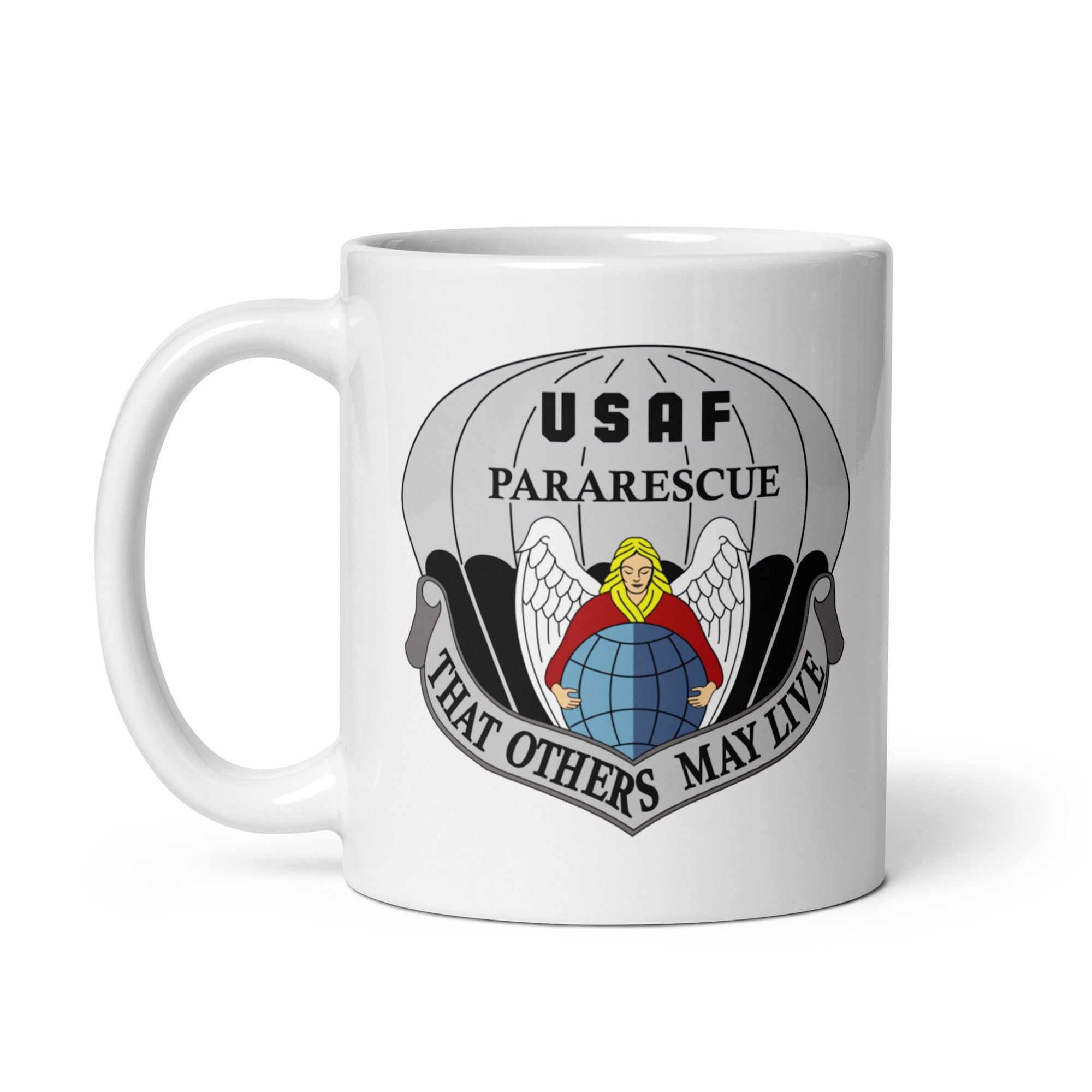 11oz white coffee mug with air force pararescue insignia 