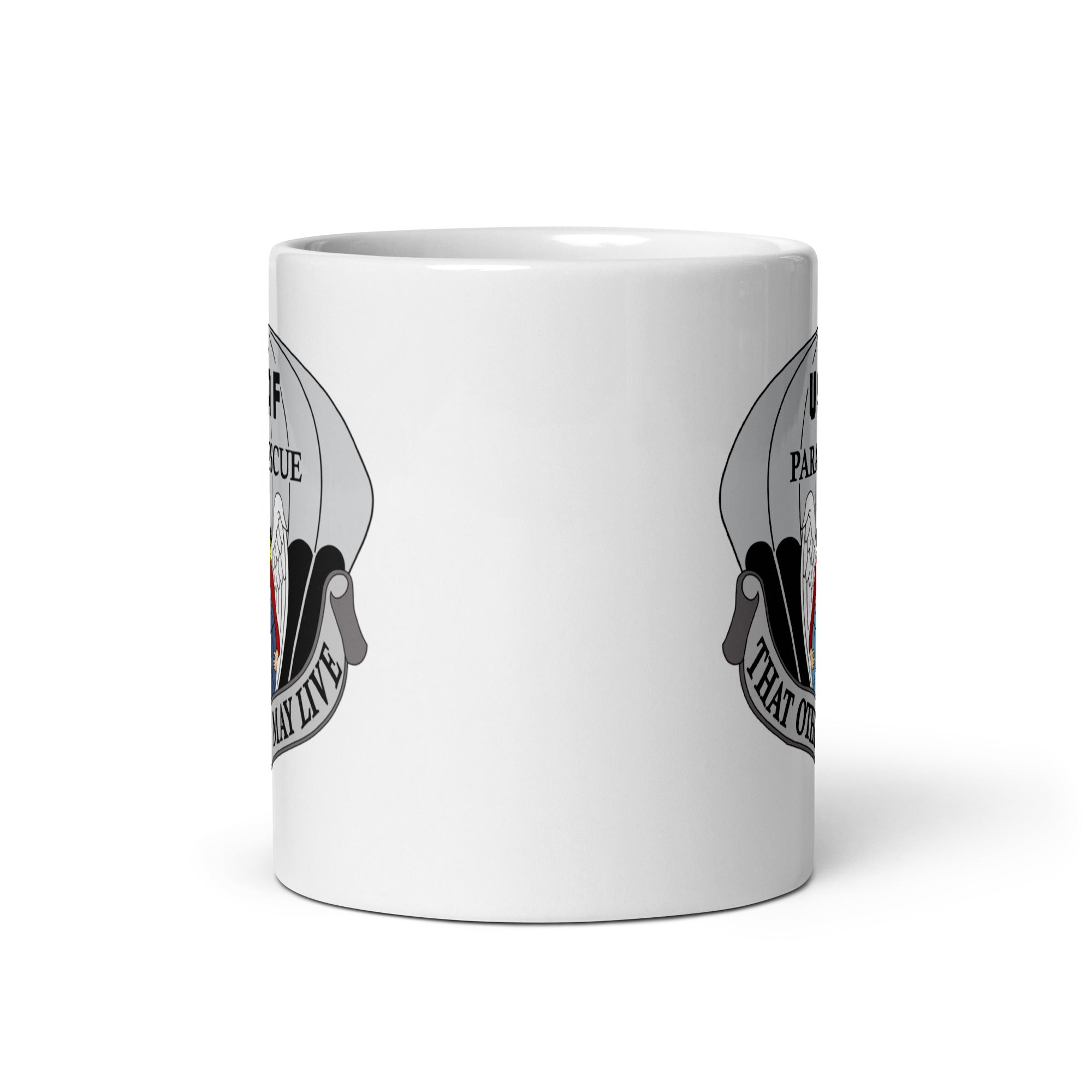 11oz white coffee mug with air force pararescue insignia 