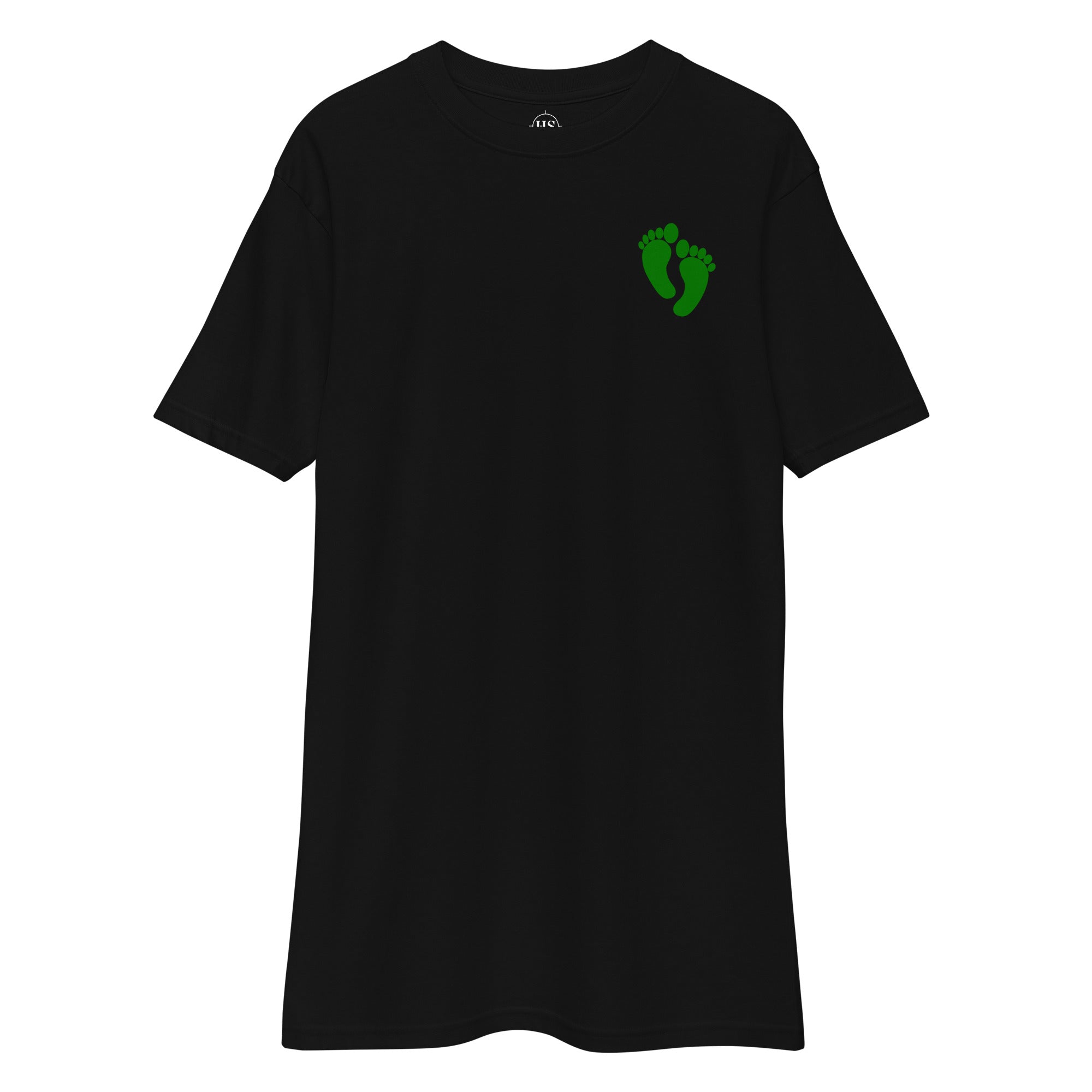 black shirt with air force pj green feet design on the left chest