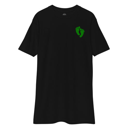 black shirt with air force pj green feet design on the left chest