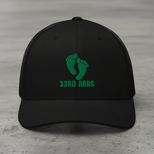 black snapback trucker hat with air force pj green feet 33rd ARRS embroidered design