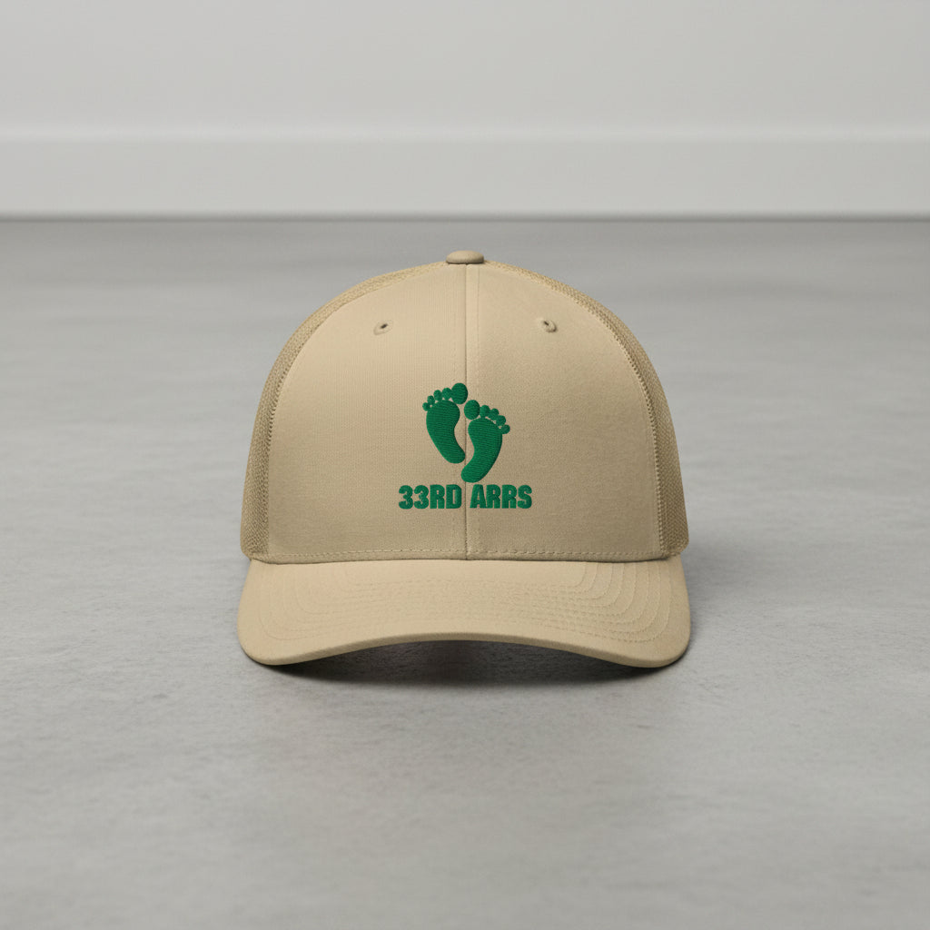khaki snapback trucker hat with air force pj green feet 33rd ARRS embroidered design
