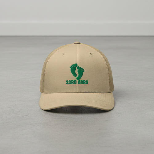 khaki snapback trucker hat with air force pj green feet 33rd ARRS embroidered design