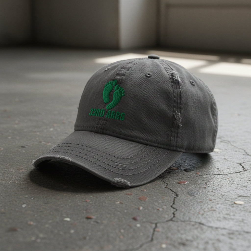 grey distressed dad hat with air force pj green feet 33rd ARRS embroidered design