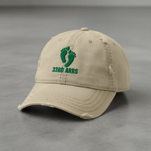 khaki distressed dad hat with air force pj green feet 33rd ARRS embroidered design