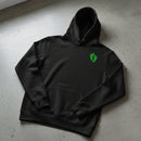black pullover hoodie with air force pj green feet insignia on the left chest