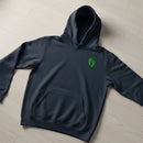 navy pullover hoodie with air force pj green feet insignia on the left chest