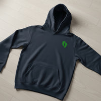 navy pullover hoodie with air force pj green feet insignia on the left chest