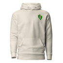 oatmeal colored pullover hoodie with air force pj green feet insignia on the left chest