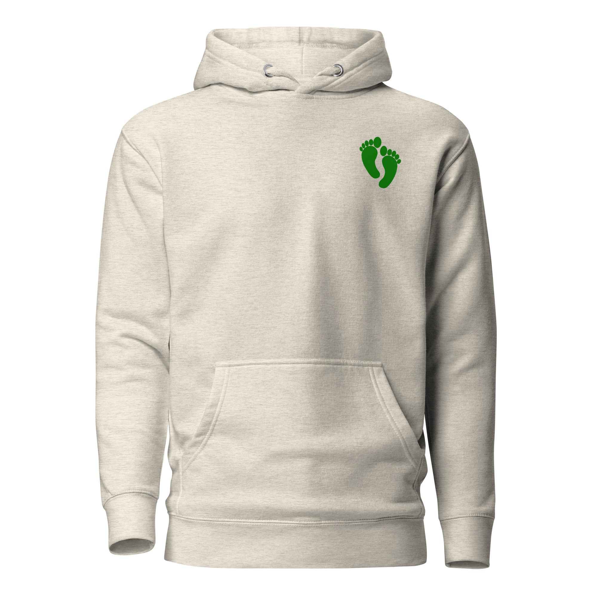oatmeal colored pullover hoodie with air force pj green feet insignia on the left chest