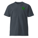 blue t-shirt with air force pj green feet design on the left chest