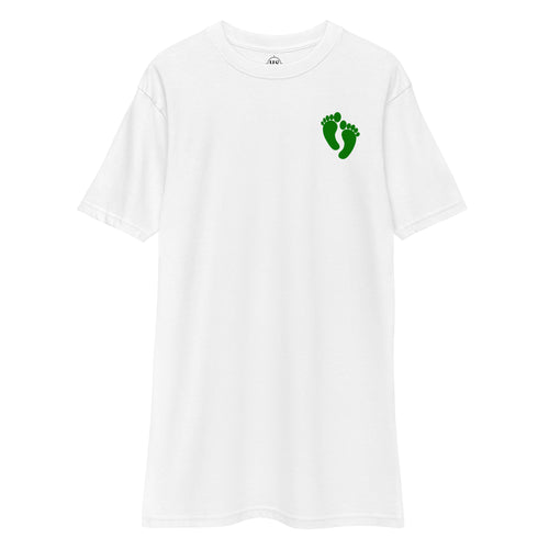 white shirt with air force pj green feet design on the left chest