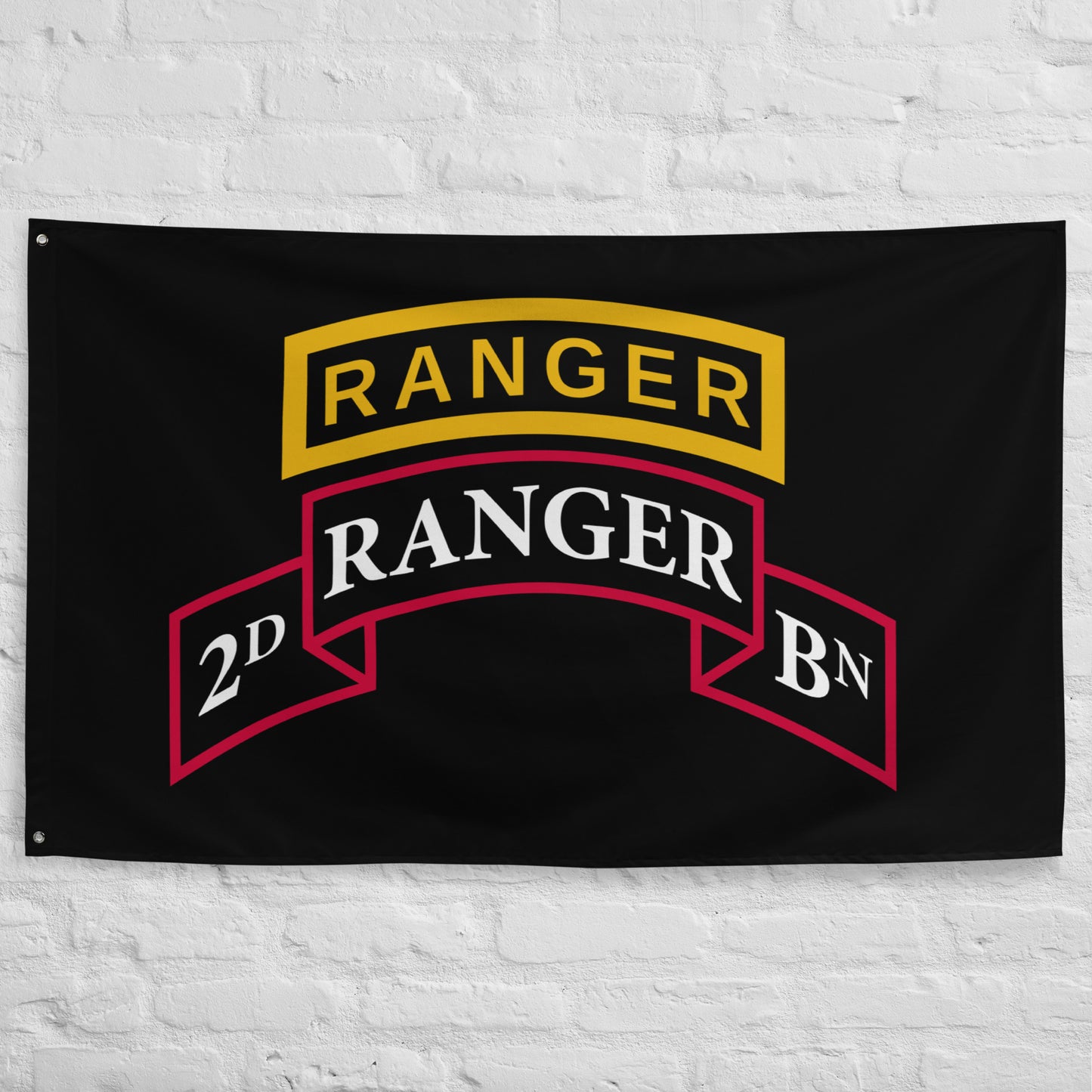 2nd ranger battalion scroll and tab on a black flag.