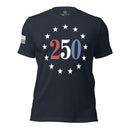 navy t-shirt celebrating americas 250th anniversary with "250" text circled with stars and american flag on right sleeve