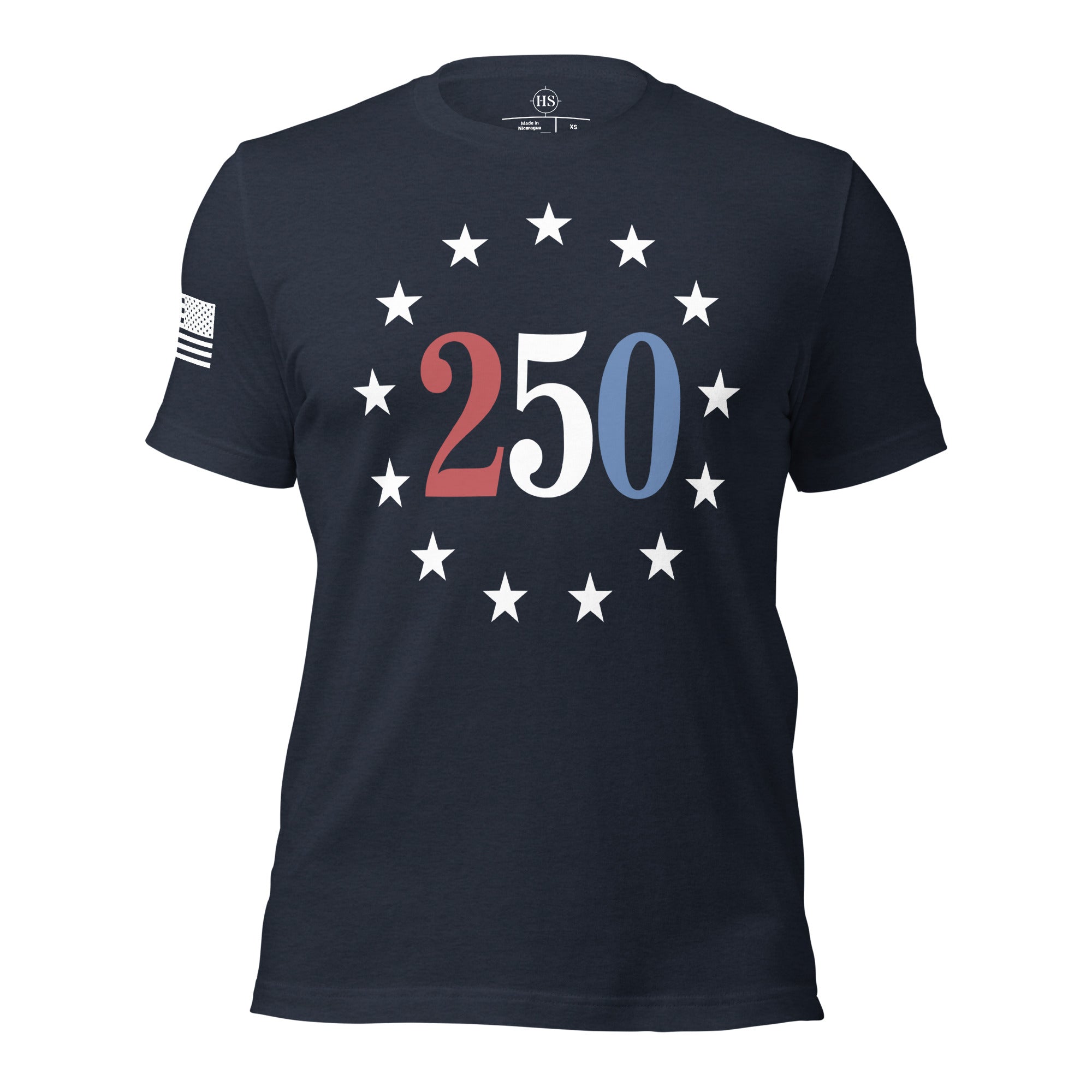 navy t-shirt celebrating americas 250th anniversary with "250" text circled with stars and american flag on right sleeve
