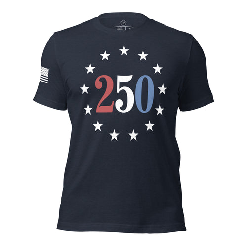 navy t-shirt celebrating americas 250th anniversary with "250" text circled with stars and american flag on right sleeve
