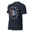 navy t-shirt celebrating americas 250th anniversary with "250" text circled with stars and american flag on right sleeve