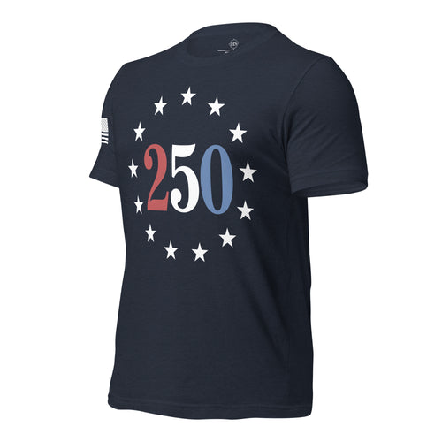 navy t-shirt celebrating americas 250th anniversary with "250" text circled with stars and american flag on right sleeve