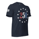 navy t-shirt celebrating americas 250th anniversary with "250" text circled with stars and american flag on right sleeve