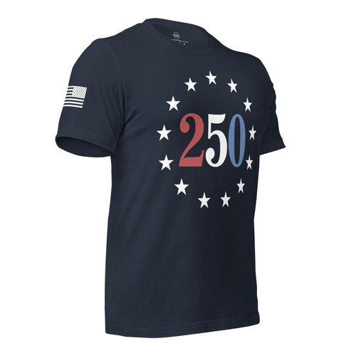 navy t-shirt celebrating americas 250th anniversary with "250" text circled with stars and american flag on right sleeve