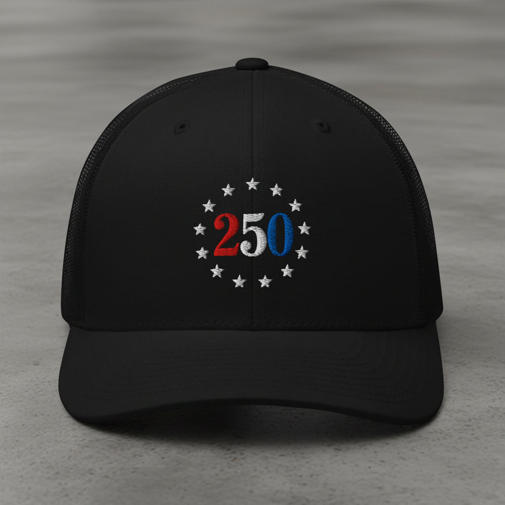 black trucker hat with embroidered "250" inside a circle of stars for america 250th anniversary and 4th of july