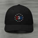 black trucker hat with embroidered "250" inside a circle of stars for america 250th anniversary and 4th of july
