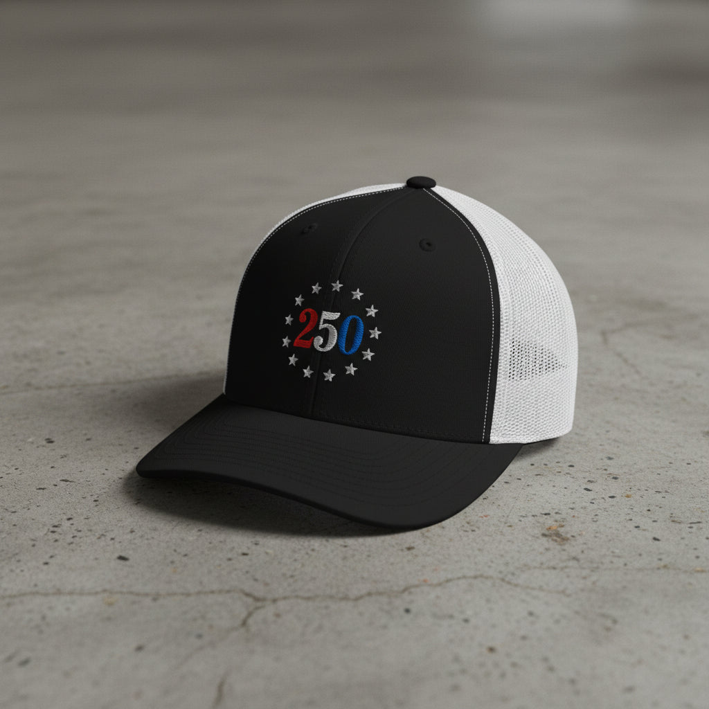 black and white trucker hat with embroidered "250" inside a circle of stars for america 250th anniversary and 4th of july