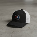 black and white trucker hat with embroidered "250" inside a circle of stars for america 250th anniversary and 4th of july