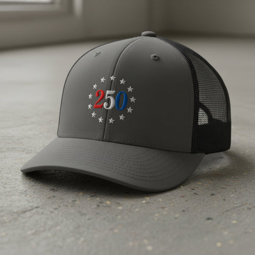 charcoal trucker hat with embroidered "250" inside a circle of stars for america 250th anniversary and 4th of july