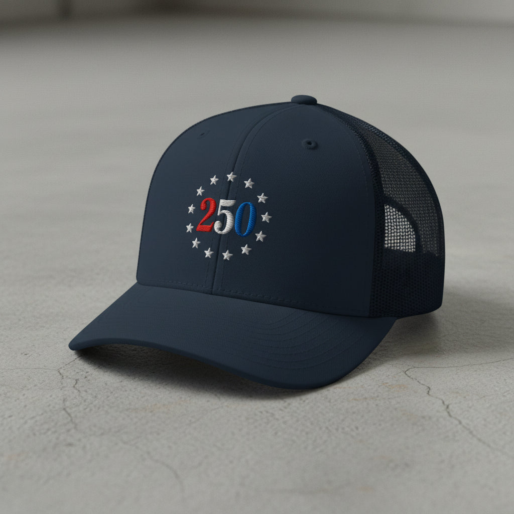 navy trucker hat with embroidered "250" inside a circle of stars for america 250th anniversary and 4th of july