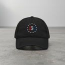 black distressed dad hat with embroidered "250" inside a circle of stars for america 250th anniversary and 4th of july