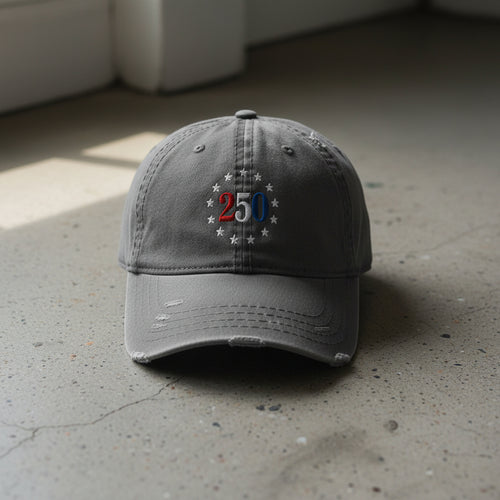 gray distressed dad hat with embroidered "250" inside a circle of stars for america 250th anniversary and 4th of july