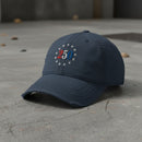 navy distressed dad hat with embroidered "250" inside a circle of stars for america 250th anniversary and 4th of july