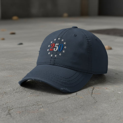 navy distressed dad hat with embroidered "250" inside a circle of stars for america 250th anniversary and 4th of july