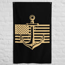 Vertical oriented flag with anchor and American flag design on a black background.
