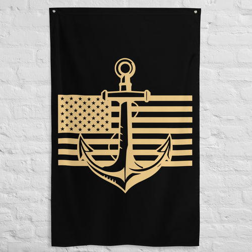 Vertical oriented flag with anchor and American flag design on a black background.