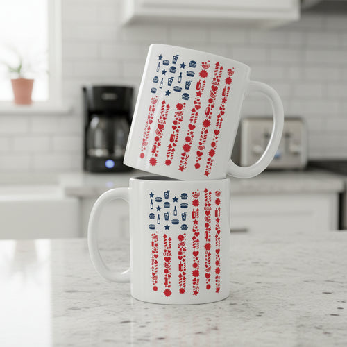 11oz white coffee mug with patriotic american flag design