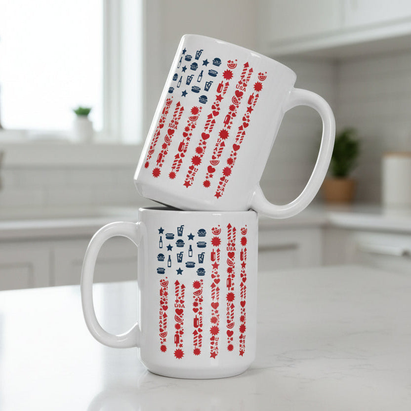 15oz white coffee mug with patriotic american flag design
