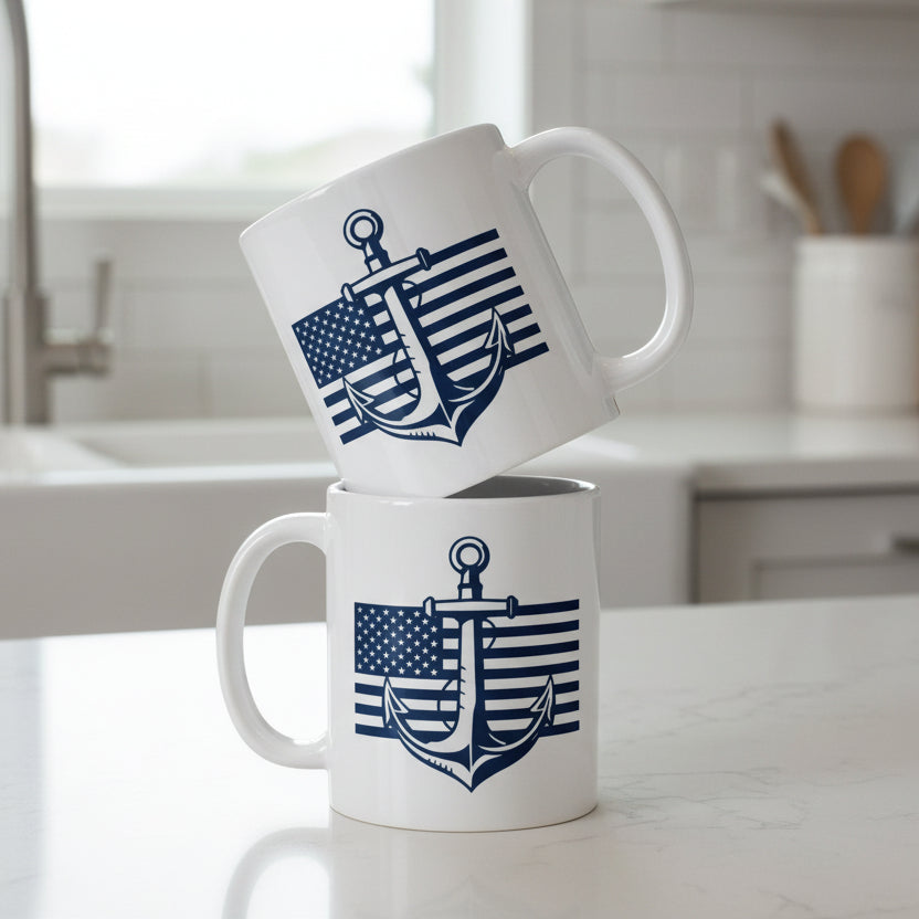 11oz white coffee mug with anchor and american flag design 