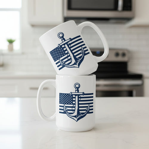 15oz white coffee mug with anchor and american flag design 