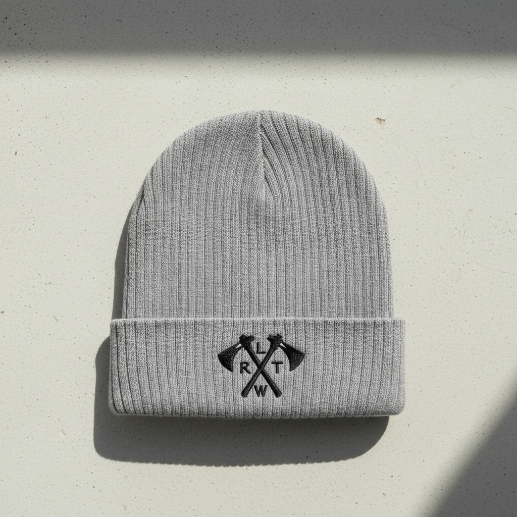 Ribbed knit beanie with army rangers RLTW and tomahawk design