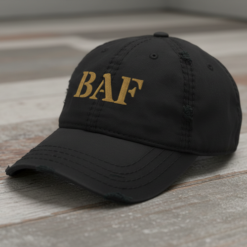 distressed dad hat with the text BAF for bagram airfield 